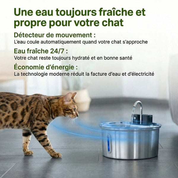 Fontaine à eau pour chat sans fil  3,2L Inox avec Capteur de Mouvement | VELA
